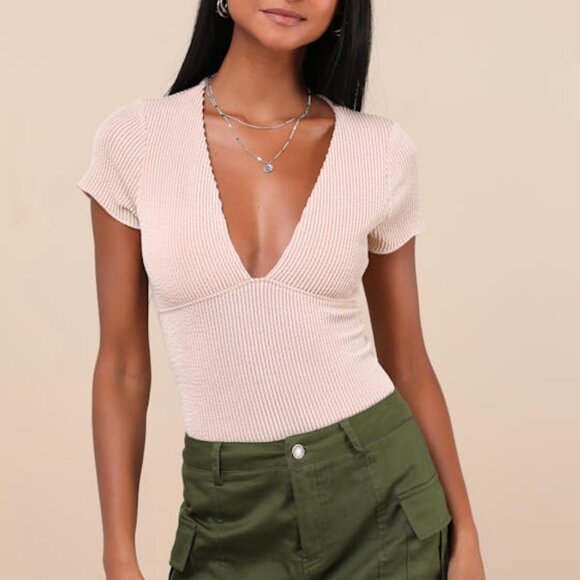 Lulus Tops - Lulus Stylish Appeal Cream Textured Short Sleeve Top White - Size M